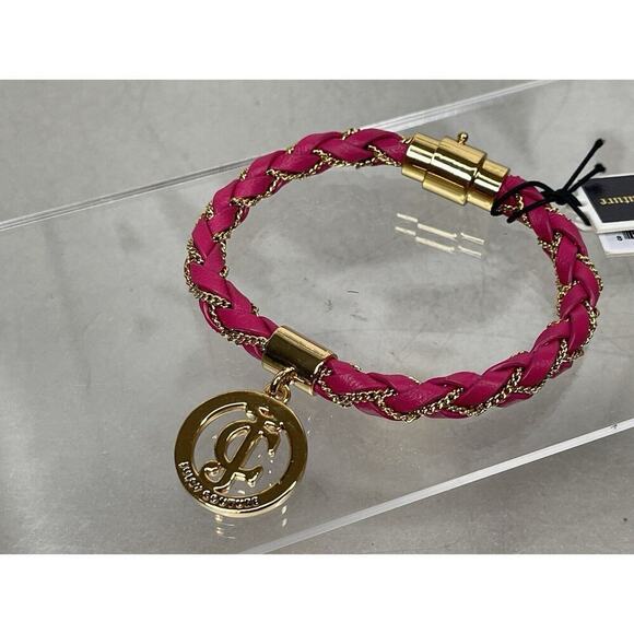 New! Juicy Couture Pink Leather & Gold Tone Chain Braided Bracelet 7.5in - Picture 1 of 4